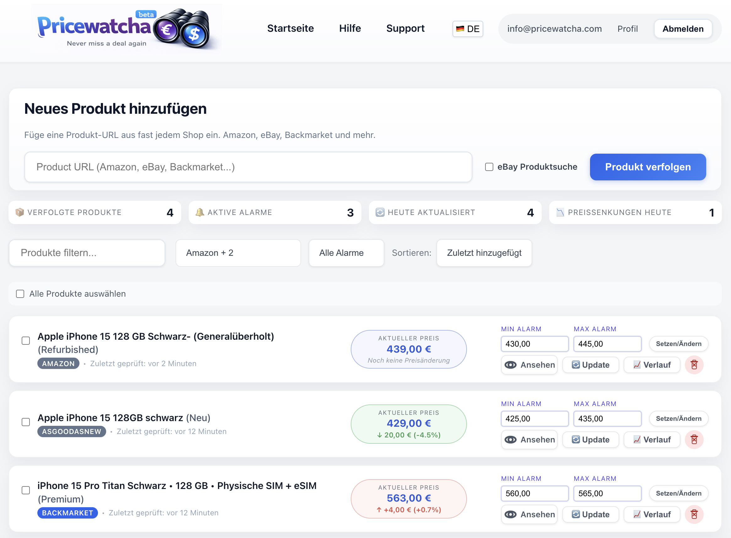 Pricewatcha Preisverfolgungs-Dashboard mit KPIs, Produktliste und Plattform-Badges