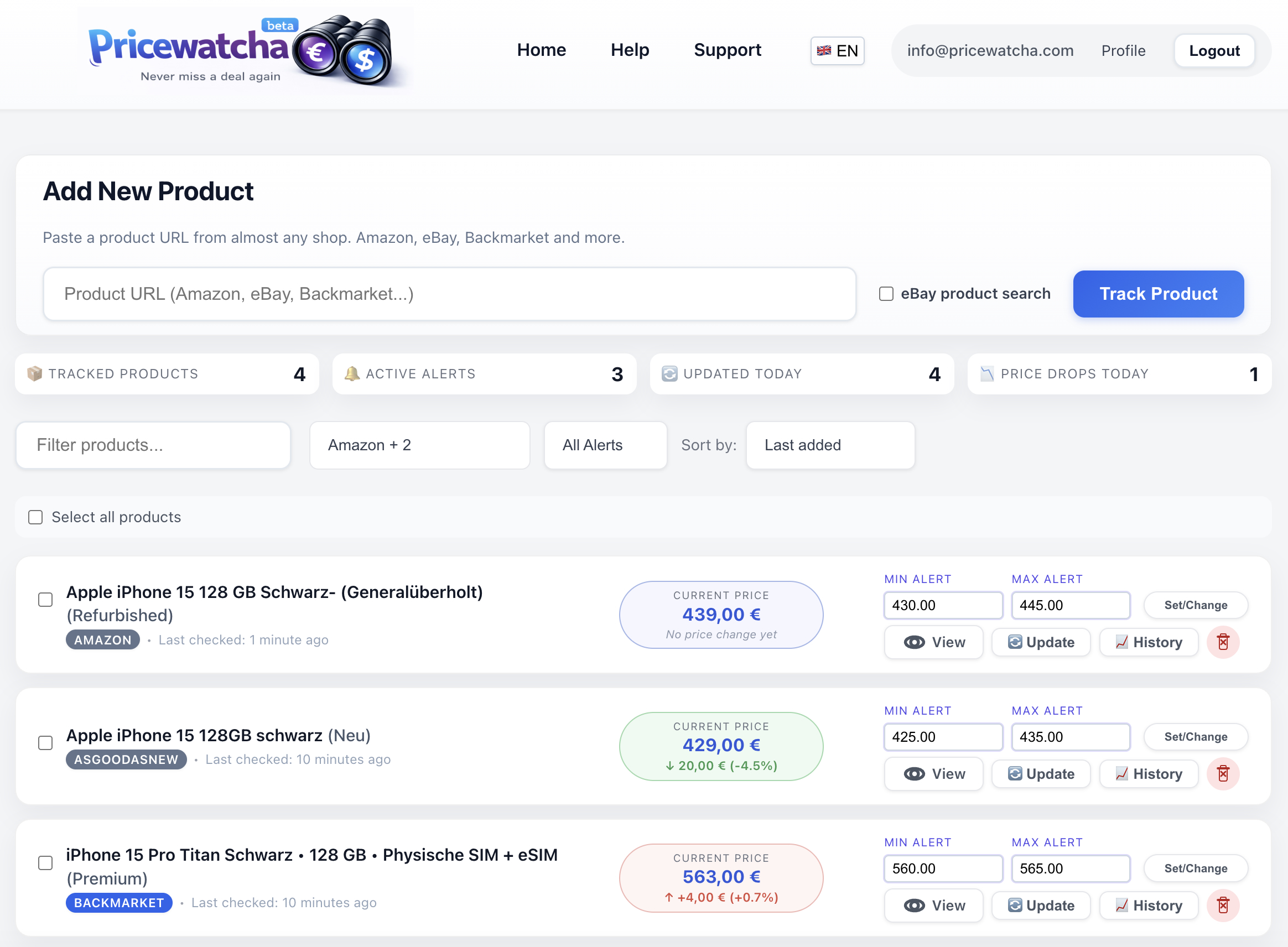 Pricewatcha dashboard with KPIs, product list, and platform badges