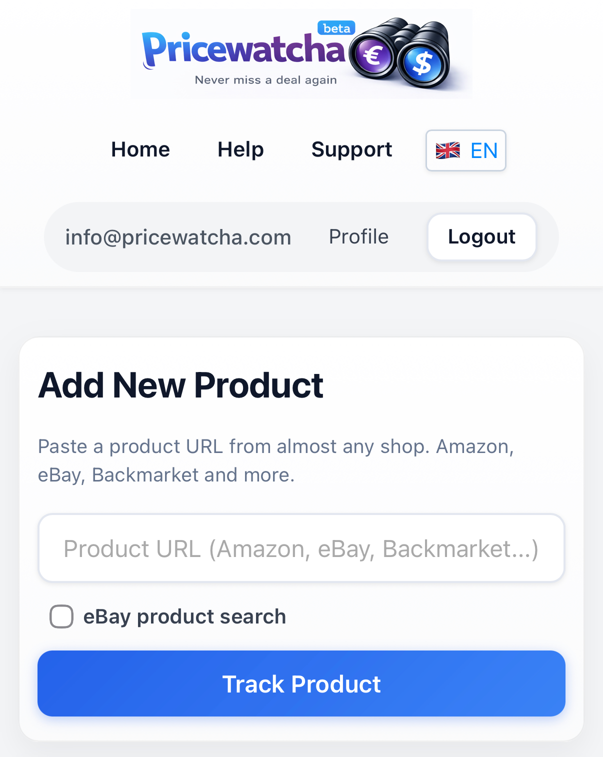 Pricewatcha on mobile: paste a product URL to start tracking